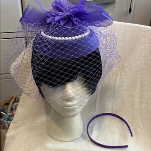 Elegant Purple Fascinator Cap with Veil, Pearl Accents and Headband